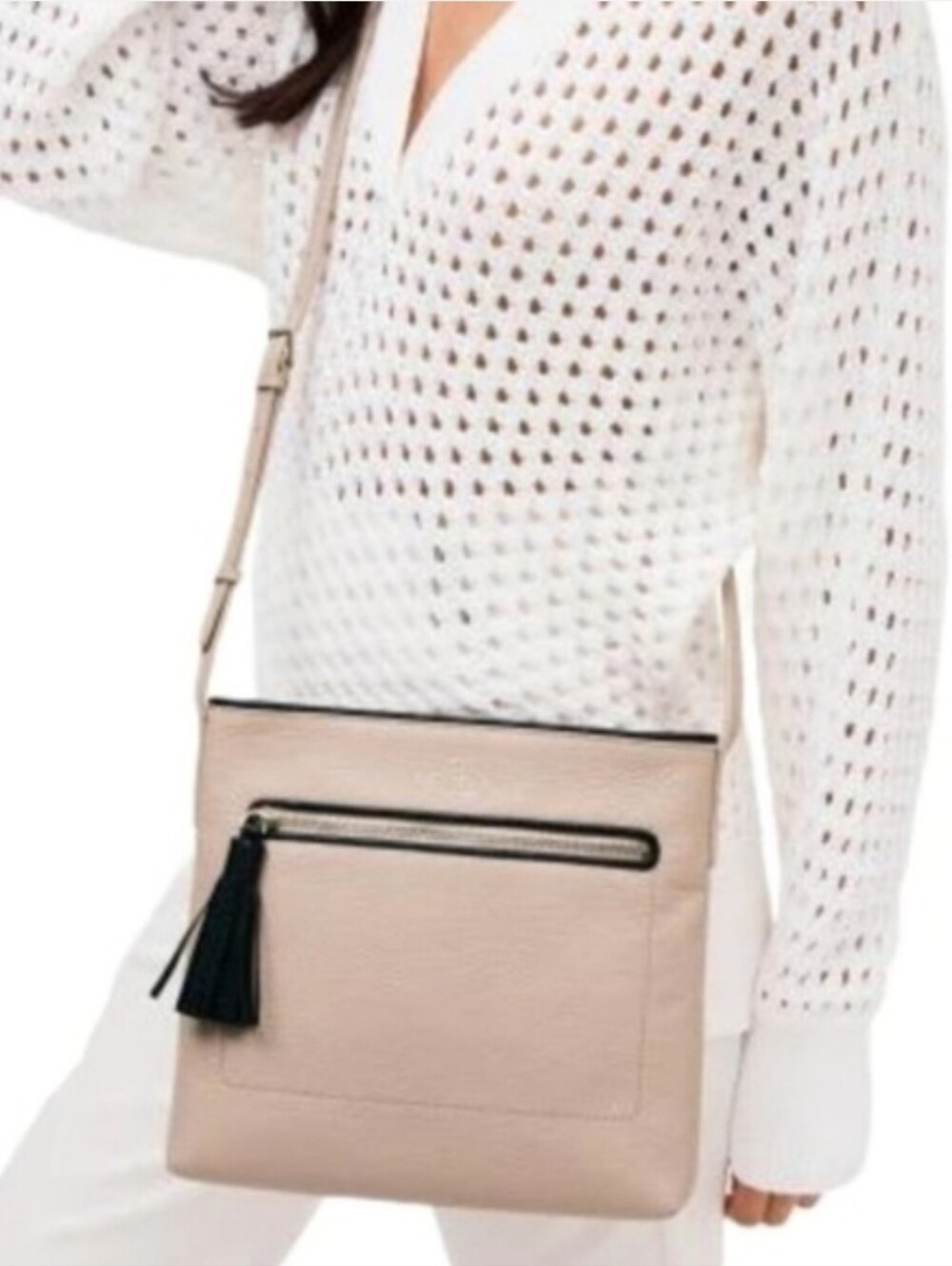 Kate Spade Chester Street Dessi Beige Leather Crossbody with Black Tassel Accent